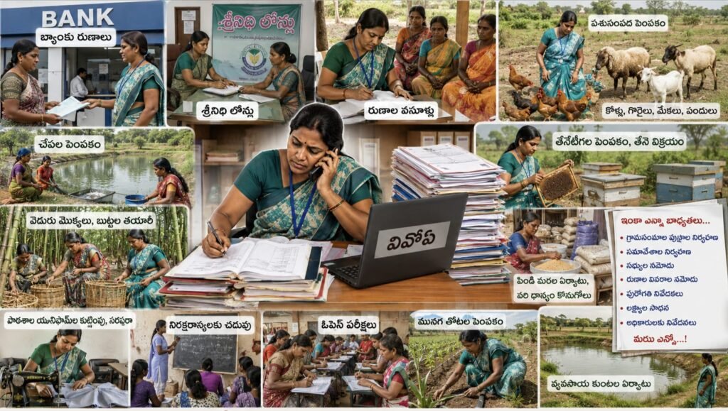 ఒక్క వివోఏ… ఎన్నో శాఖల బాధ్యతలు!రుణాల నుంచి పశుపోషణ వరకు… పాఠశాలల నుంచి వ్యవసాయం వరకు అన్నీ వివోఏలపైనే!